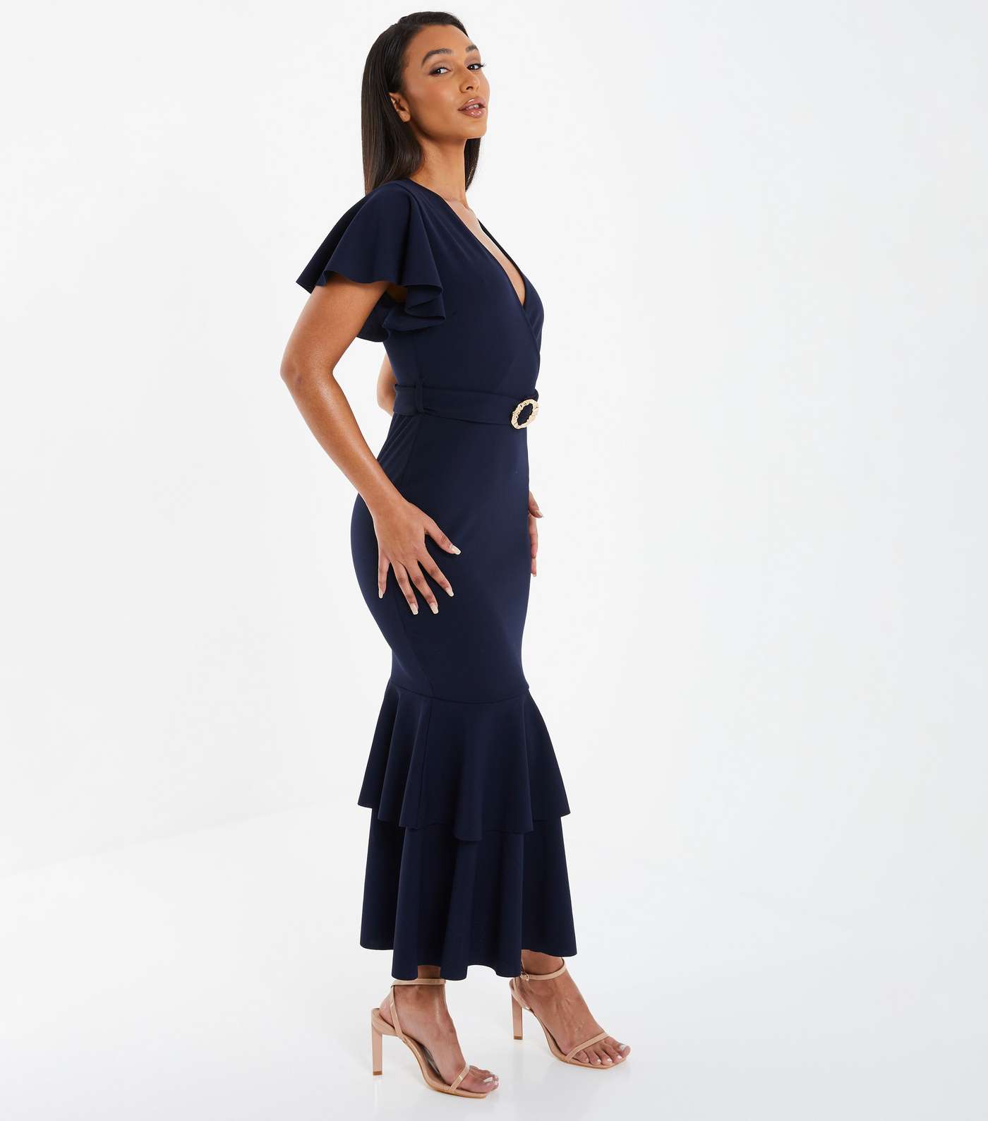 QUIZ Navy Belted Tiered Midi Wrap Dress Image 2