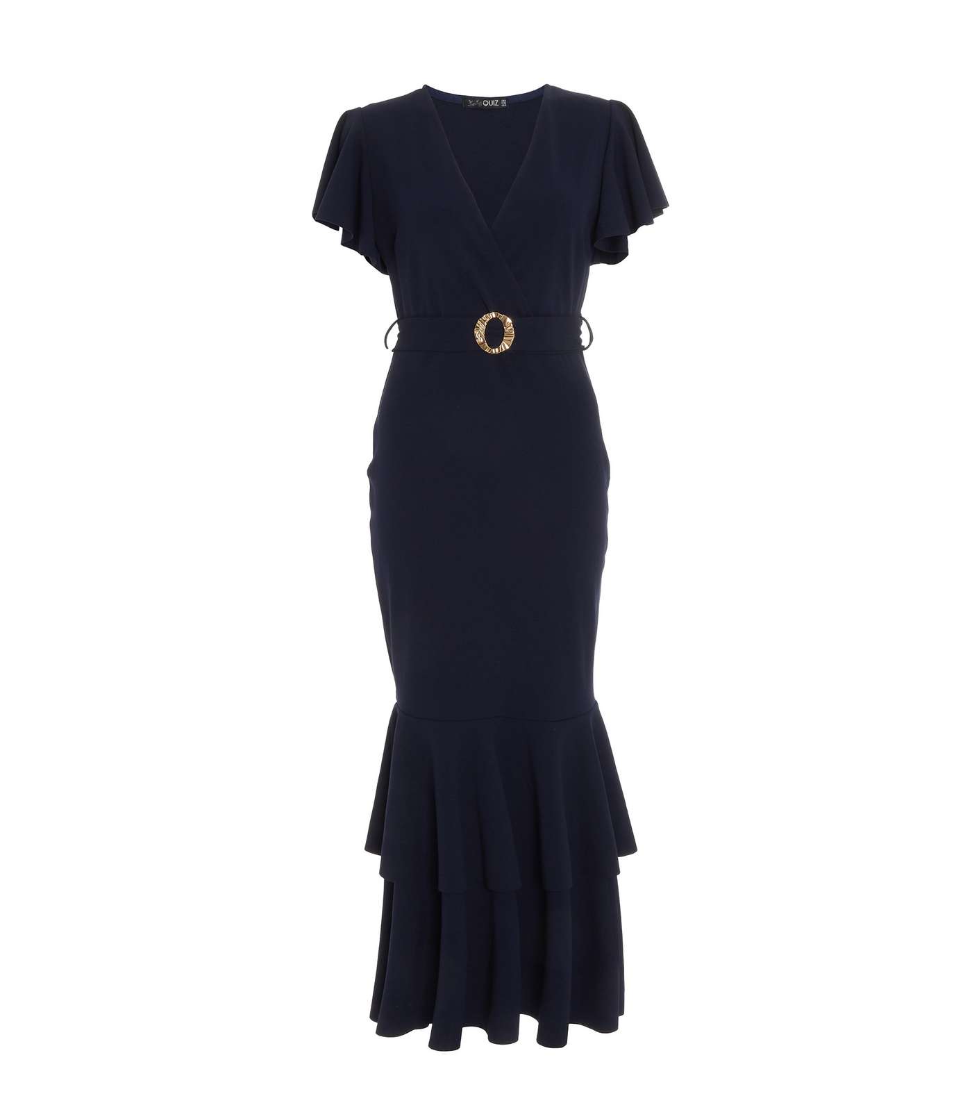 QUIZ Navy Belted Tiered Midi Wrap Dress Image 4