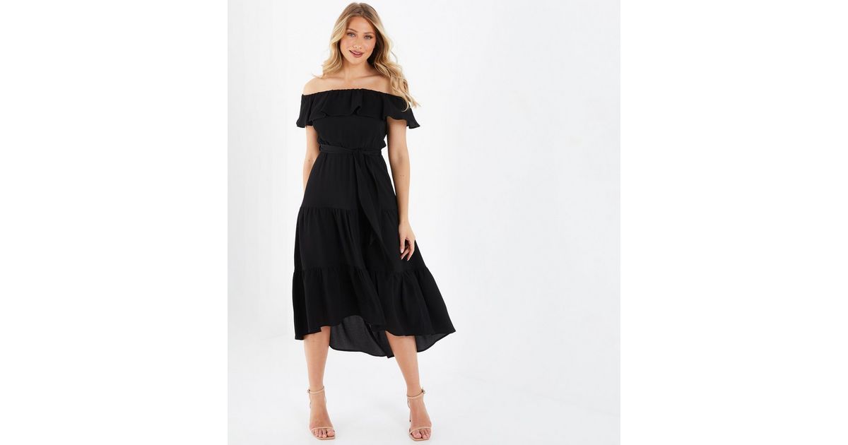 QUIZ Black Frill Tiered Dip Hem Midi Bardot Dress | New Look