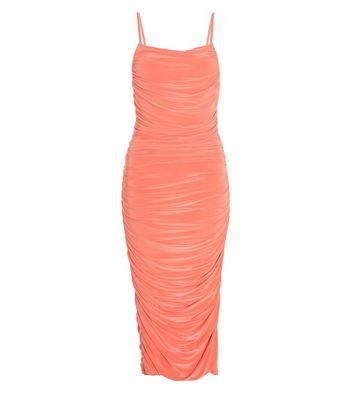 Quiz Pink Strappy Ruched Bodycon Midi Dress New Look