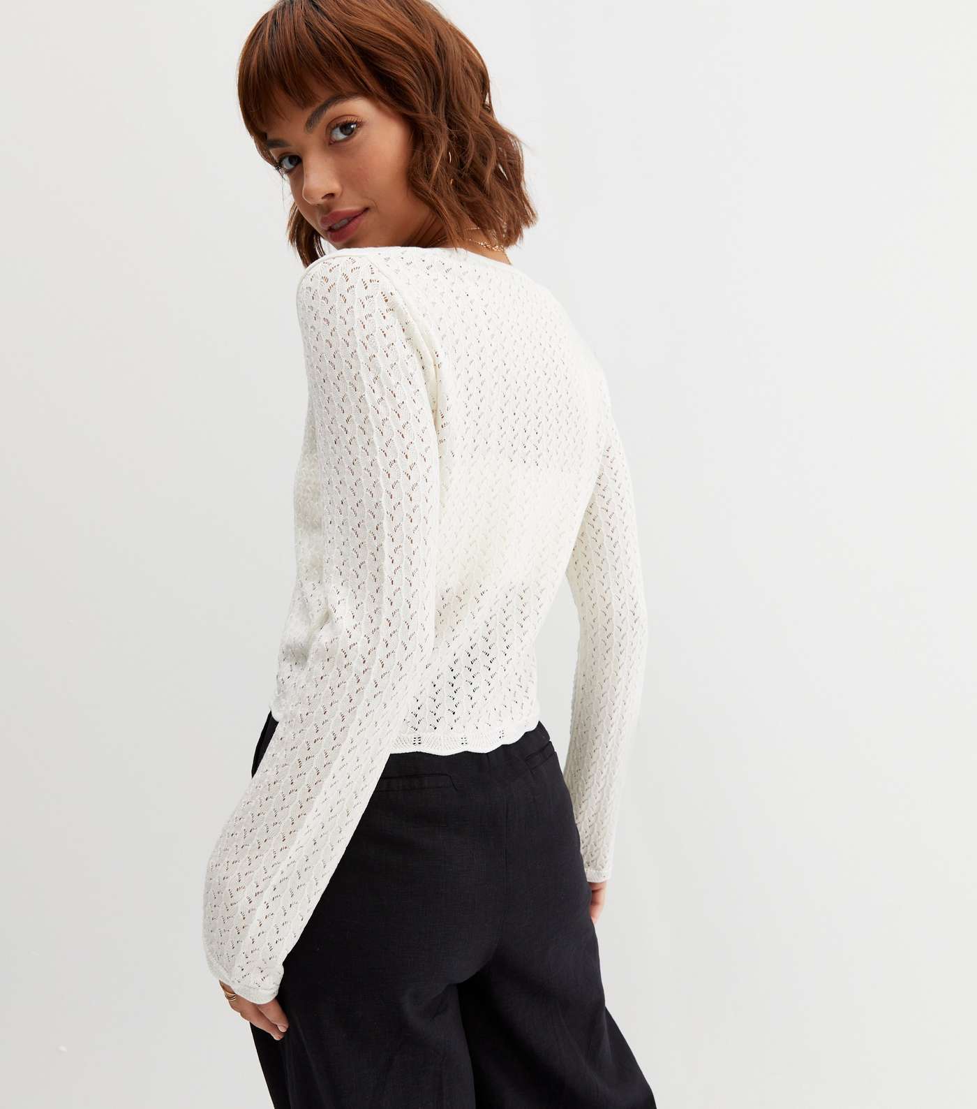 White Crochet Tie Front Crop Cardigan Image 4