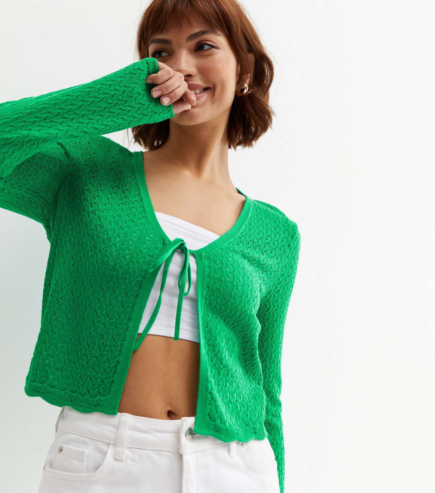 Green Crochet Tie Front Crop Cardigan