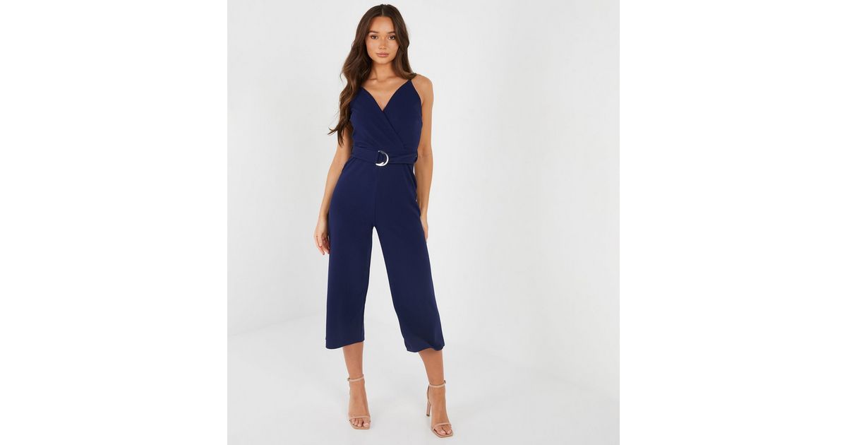 QUIZ Navy Belted Crop Wrap Jumpsuit New Look