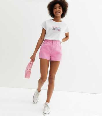 Girls Bright Pink Denim Ripped Frayed Hem Mom Shorts