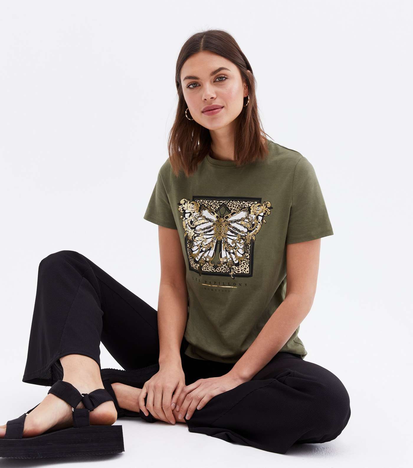 Khaki Baroque Butterfly Leopard Print Logo T-Shirt Image 2
