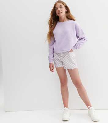 Girls Lilac Checkerboard Denim Frayed Hem Shorts