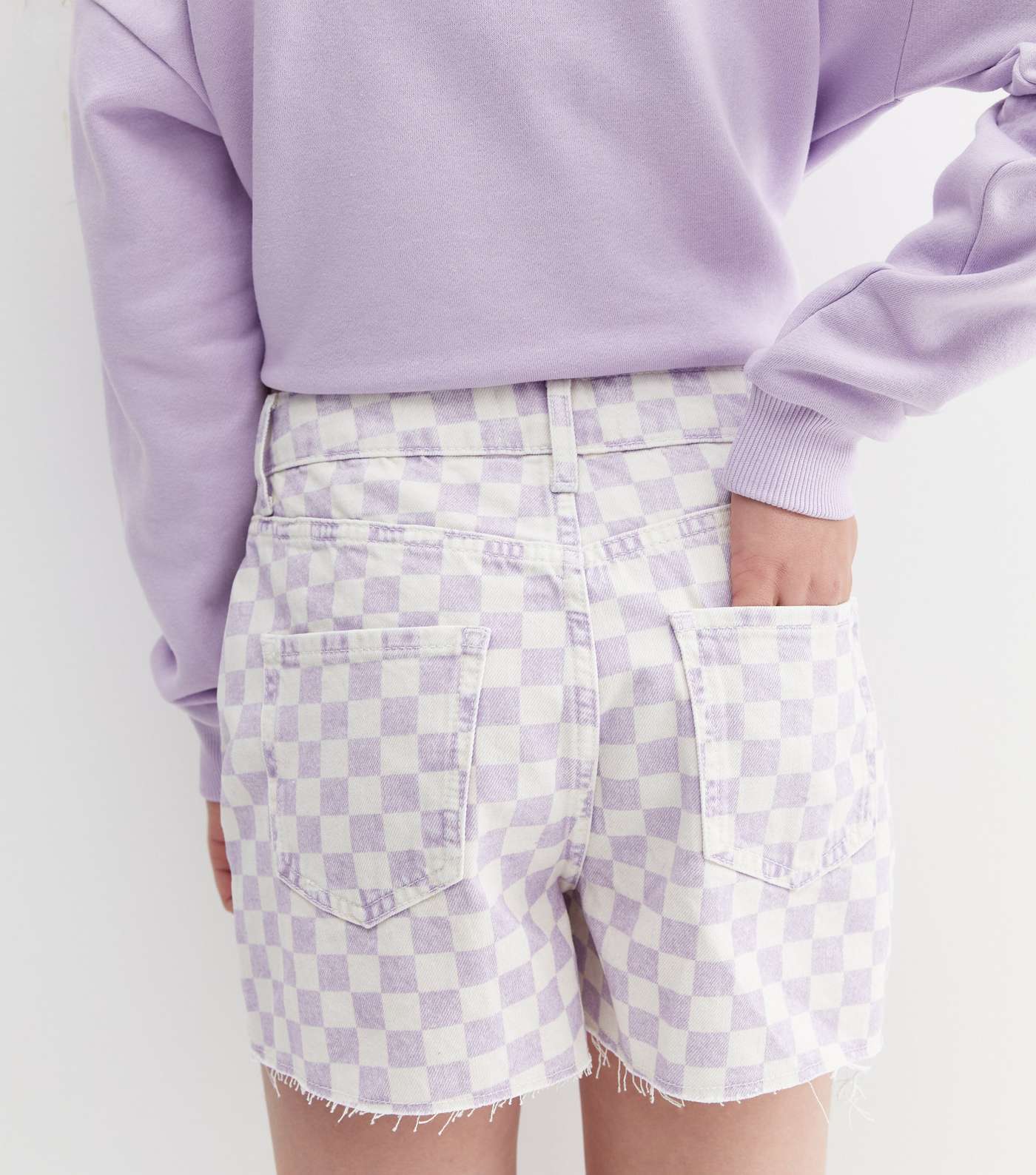 Girls Lilac Checkerboard Denim Frayed Hem Shorts Image 3