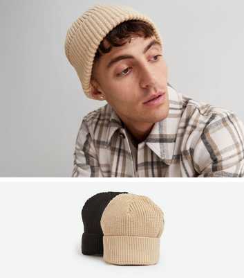 2 Pack Black and Stone Ribbed Fisherman Beanies