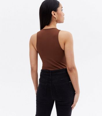 Petite Dark Brown Slinky Racer Bodysuit 