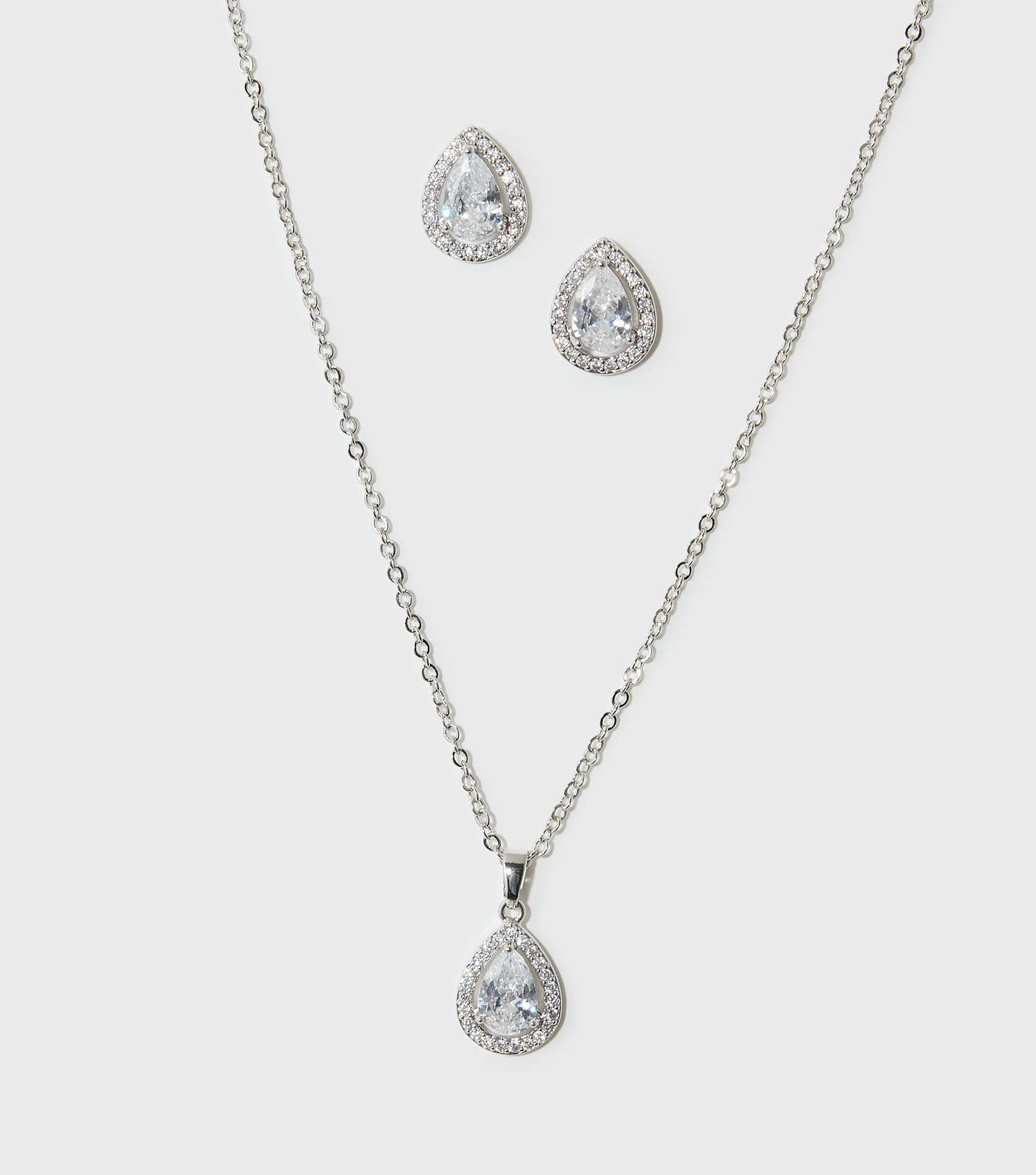 Silver Cubic Zirconia Teardrop Necklace and Earrings Set