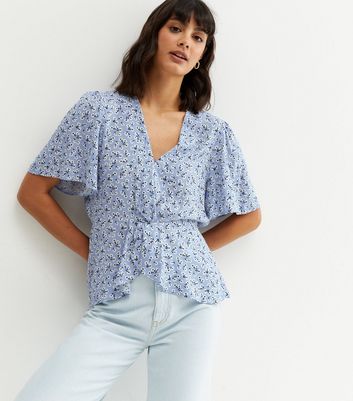 Blue Ditsy Floral Twist Front Peplum Blouse New Look