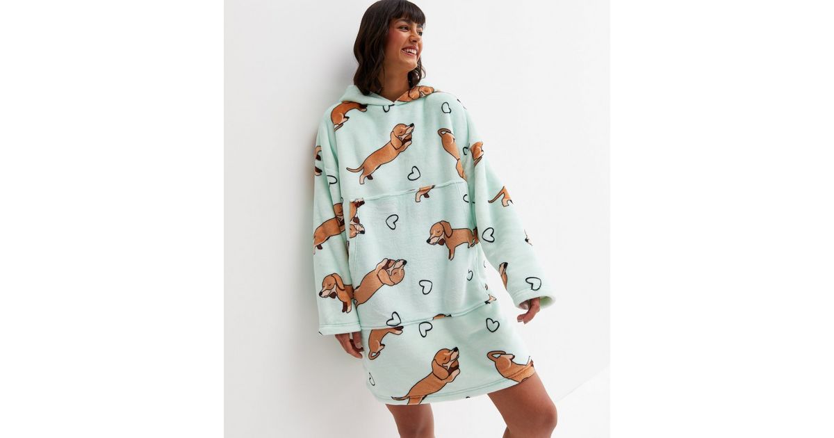 Green Sausage Dog Fleece Oversized Blanket Hoodie New Look