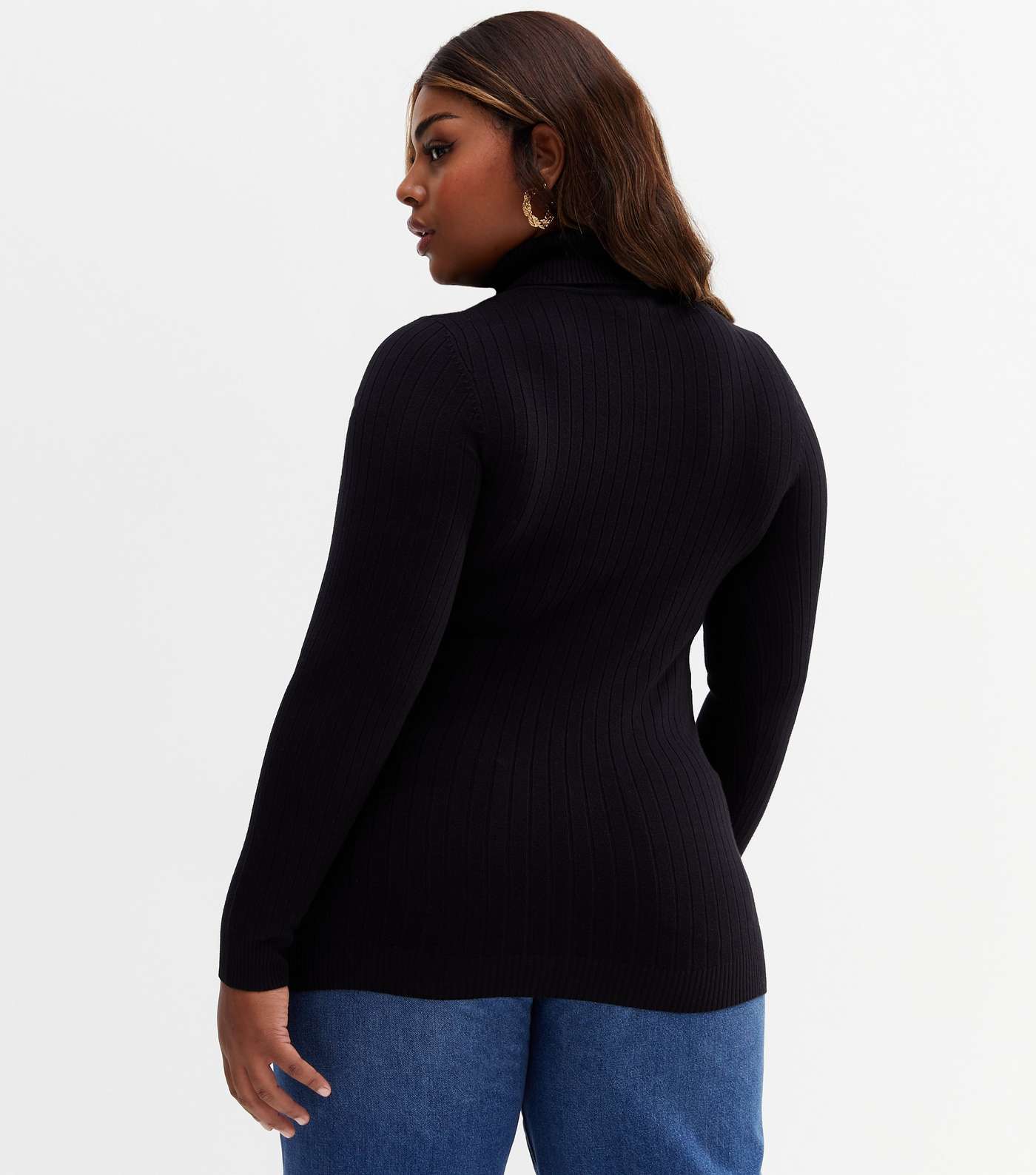 Curves Black Ribbed Knit Long Sleeve Roll Neck Top Image 4