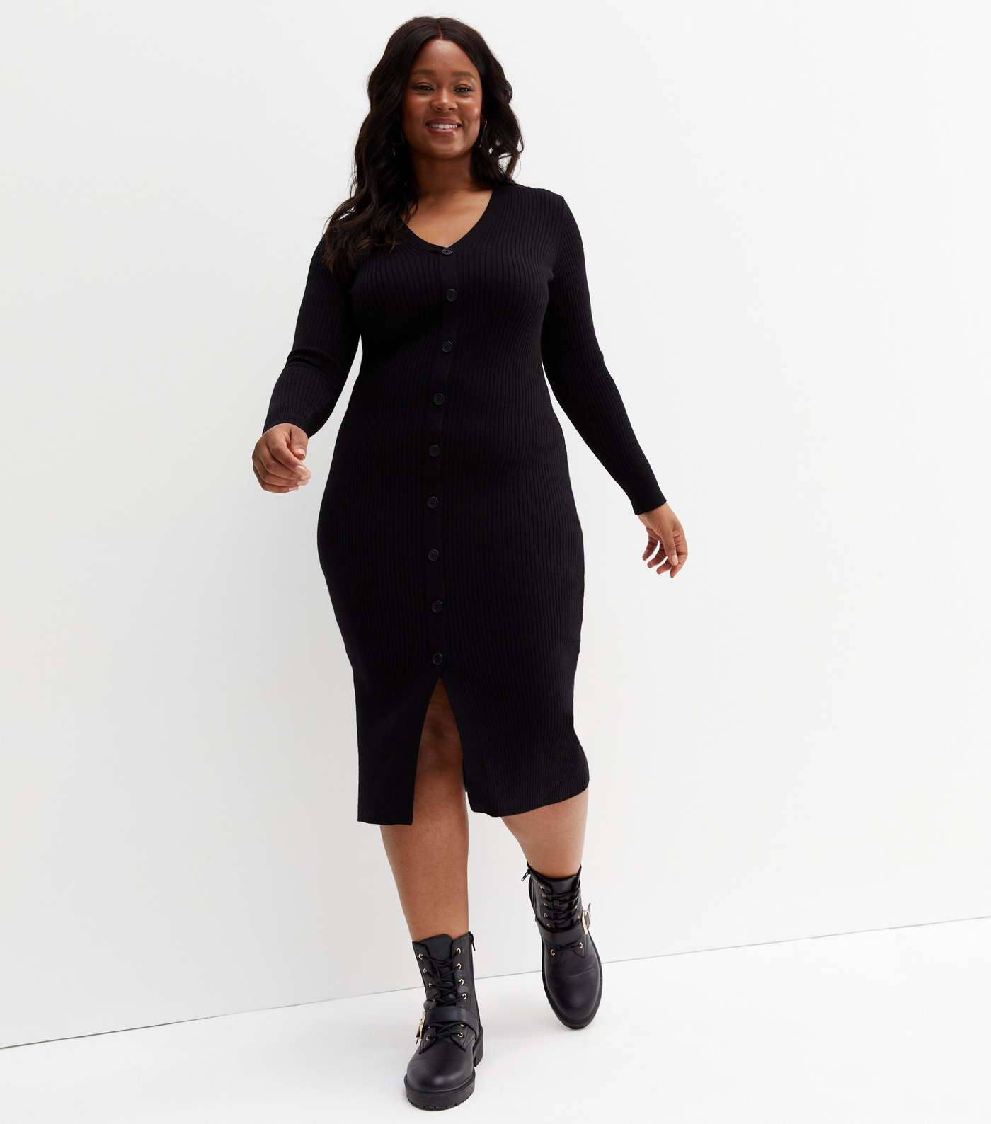 Curves Black Ribbed Knit Button Front Midi Polo Dress Image 2