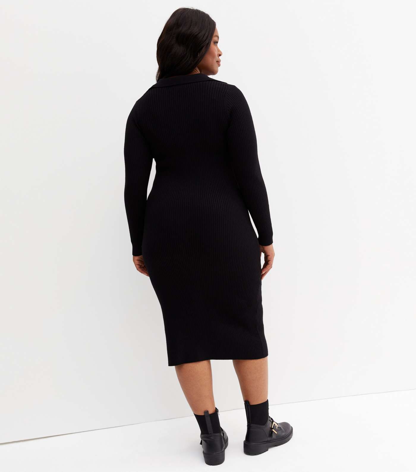 Curves Black Ribbed Knit Button Front Midi Polo Dress Image 4