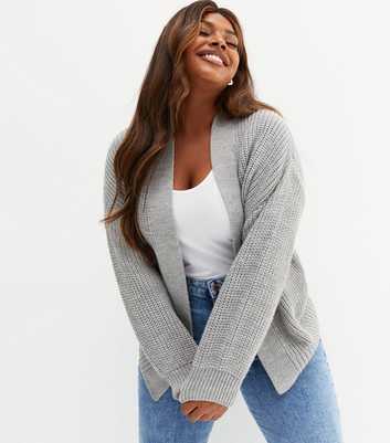 Curves Pale Grey Knit Long Puff Sleeve Cardigan