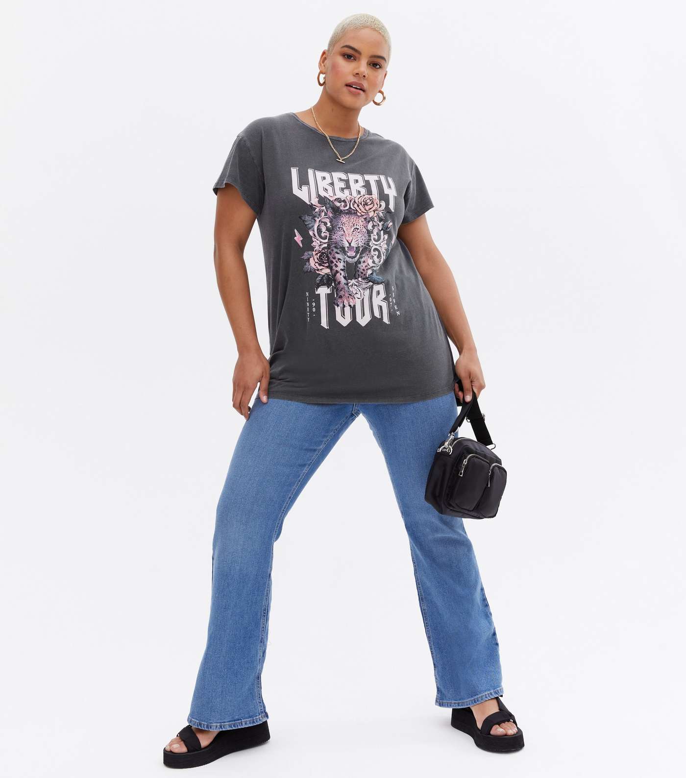 Curves Dark Grey Leopard Print Acid Wash Liberty Tour Logo T-Shirt Image 2