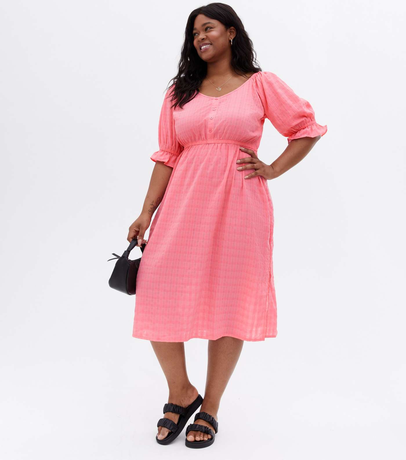 Curves Coral Check Textured Puff Sleeve Midi Dress