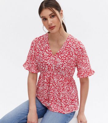 Red Floral Frill Peplum Blouse | New Look