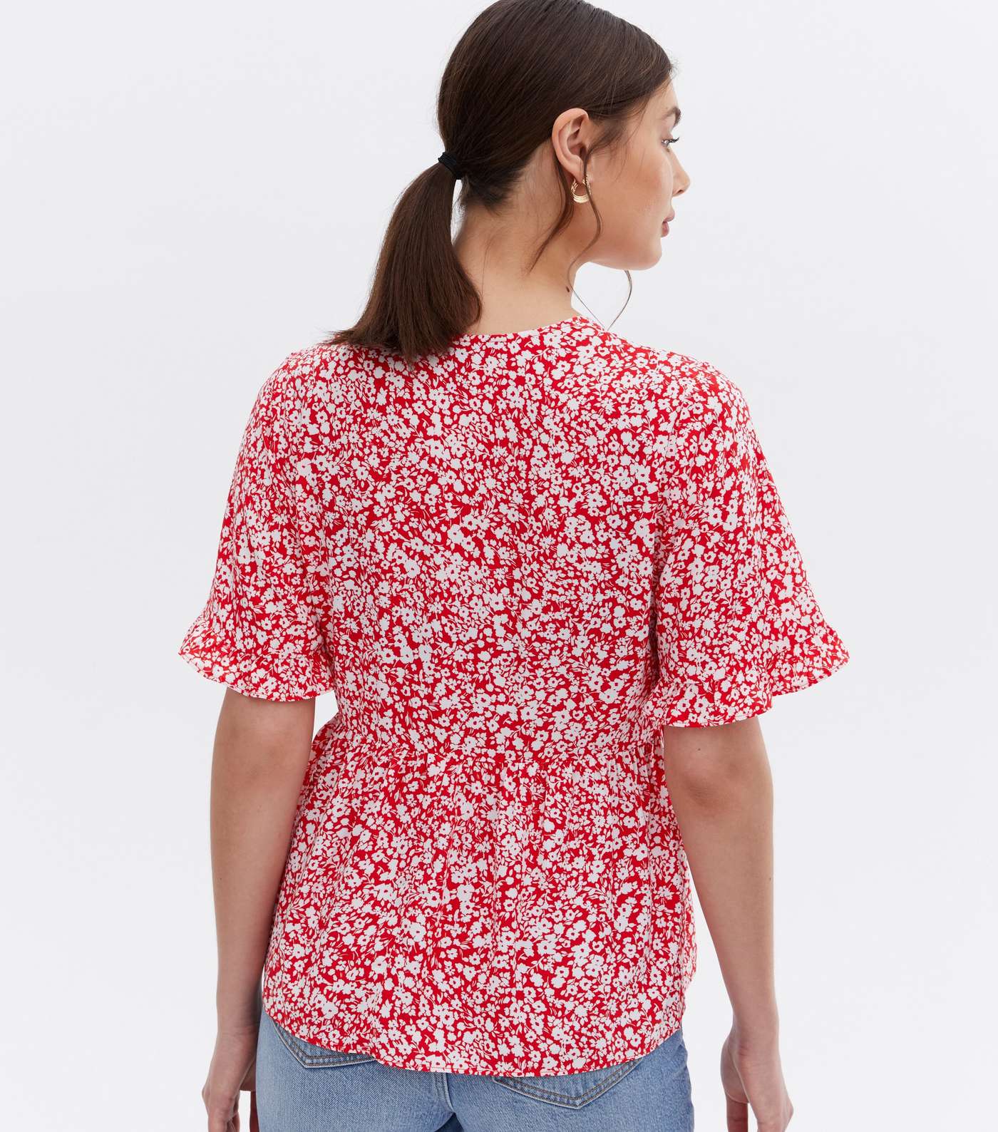 Red Floral Frill Peplum Blouse Image 4