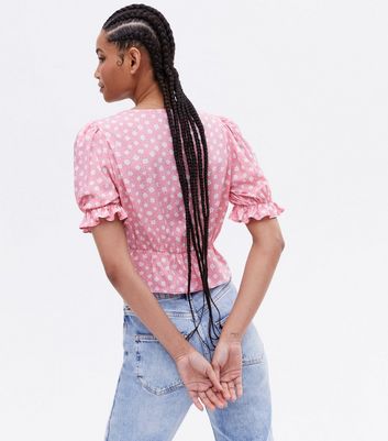 Pink Ditsy Floral Ruched Tie Front Crop Top New Look
