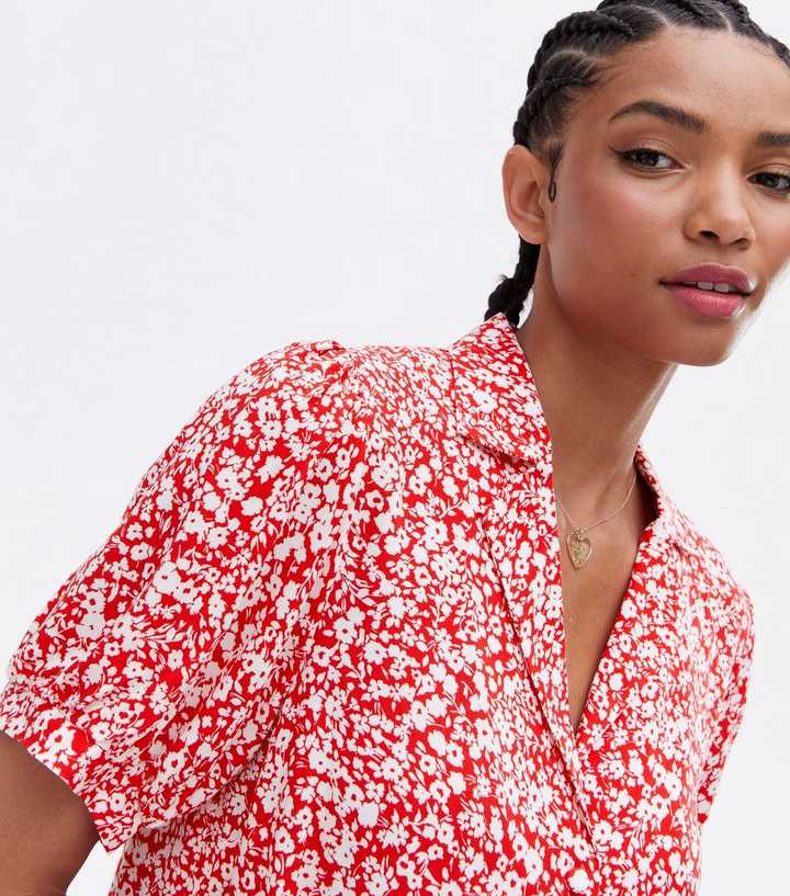 h&m red floral blouse