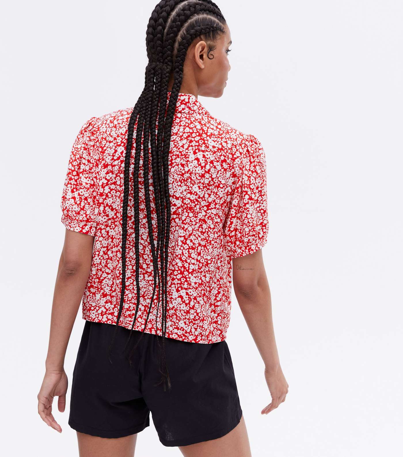 Red Floral Puff Sleeve Crop Shirt Image 4