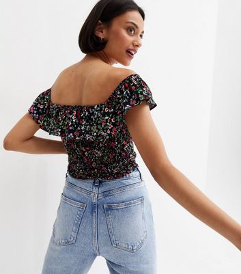 Black Floral Shirred Bardot Crop Top New Look