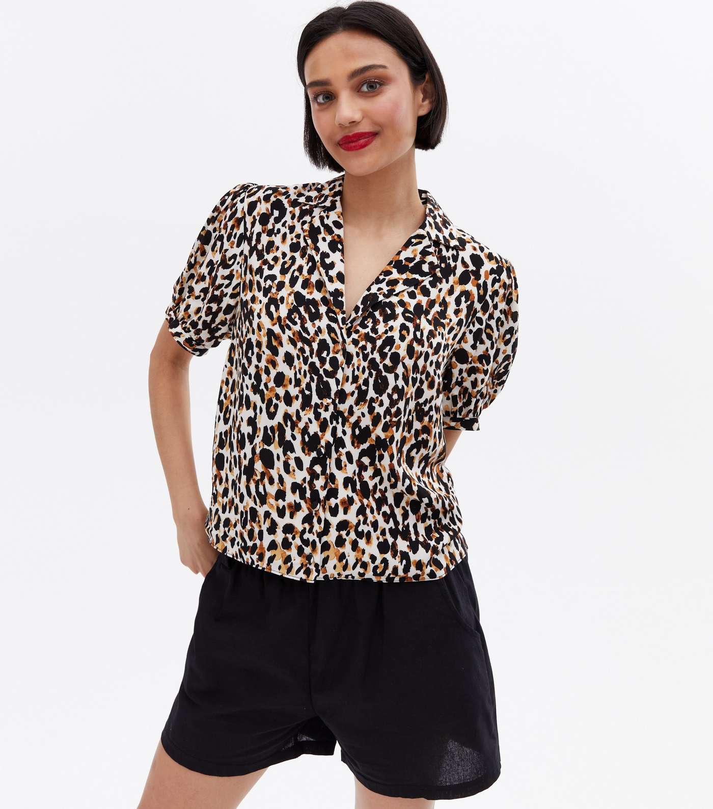 Brown Leopard Print Revere Collar Crop Shirt