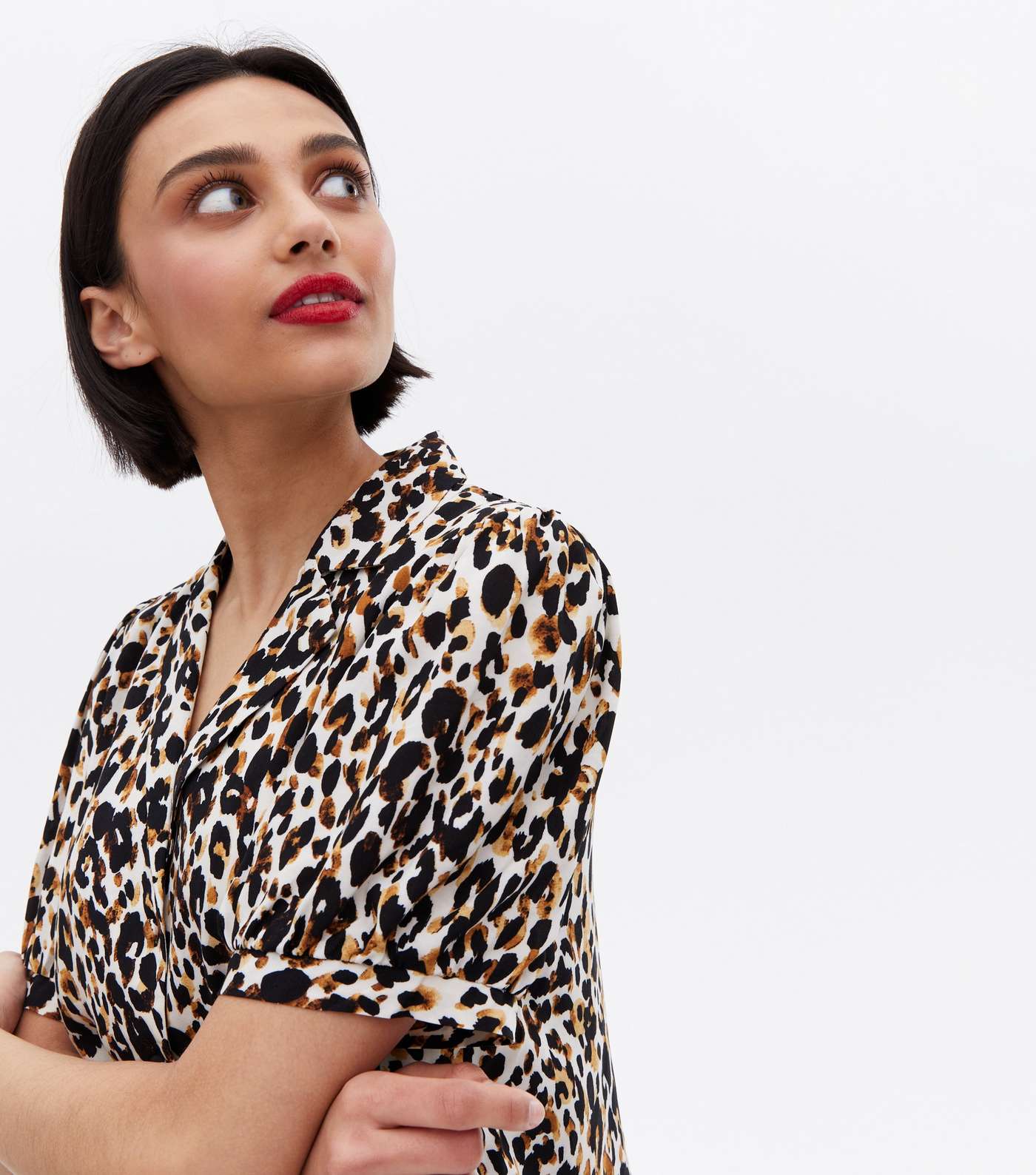 Brown Leopard Print Revere Collar Crop Shirt Image 3