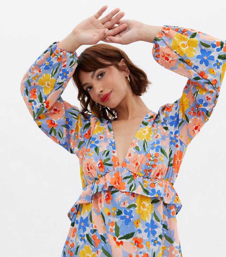 VILA Blue Floral Frill Long Sleeve Midi Dress | New Look