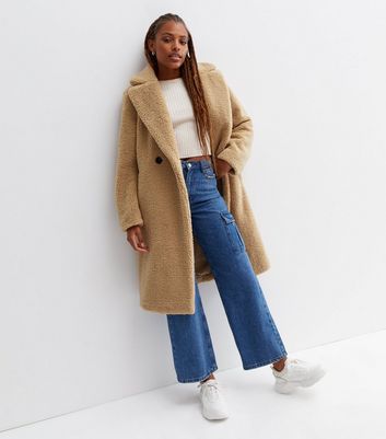 Camel Teddy Double Breasted Coat New Look