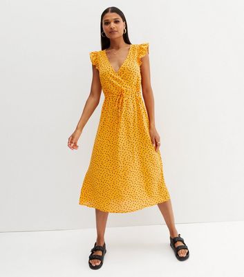 JDY Orange Floral Frill Midi Wrap Dress | New Look