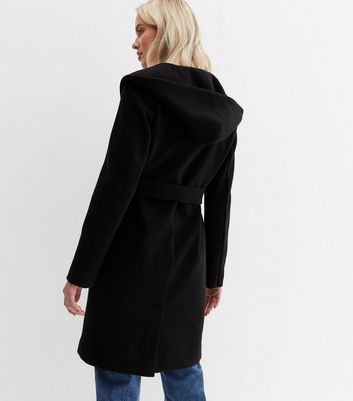 Black Hooded Unlined Belted Coat