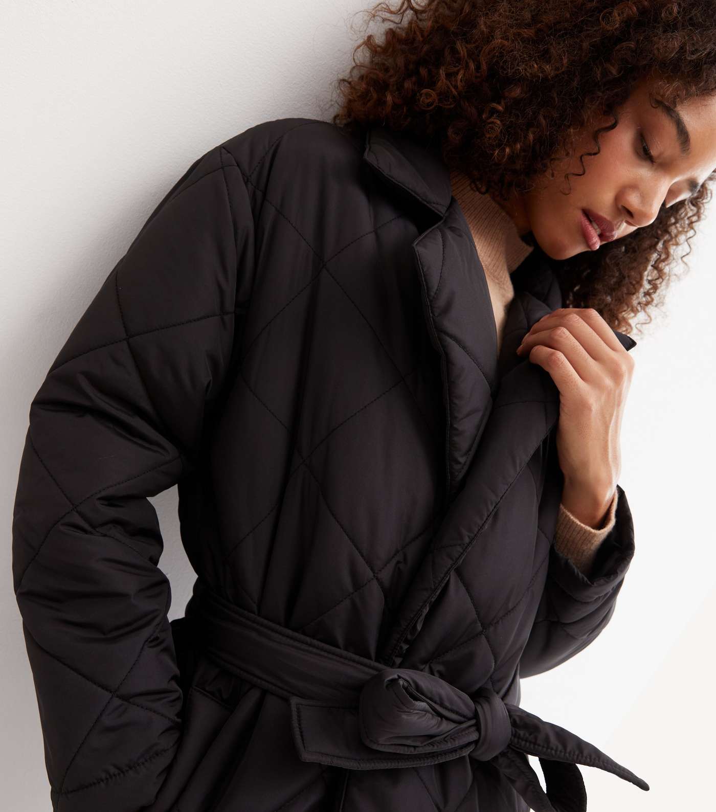 Black Quilted Revere Collar Belted Long Puffer Jacket Image 2