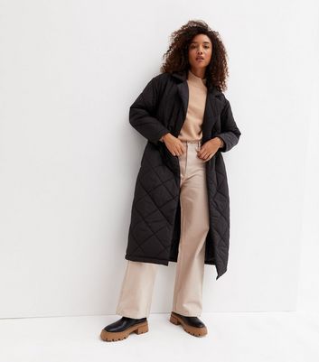 Black Quilted Revere Collar Belted Long Puffer Jacket | New Look