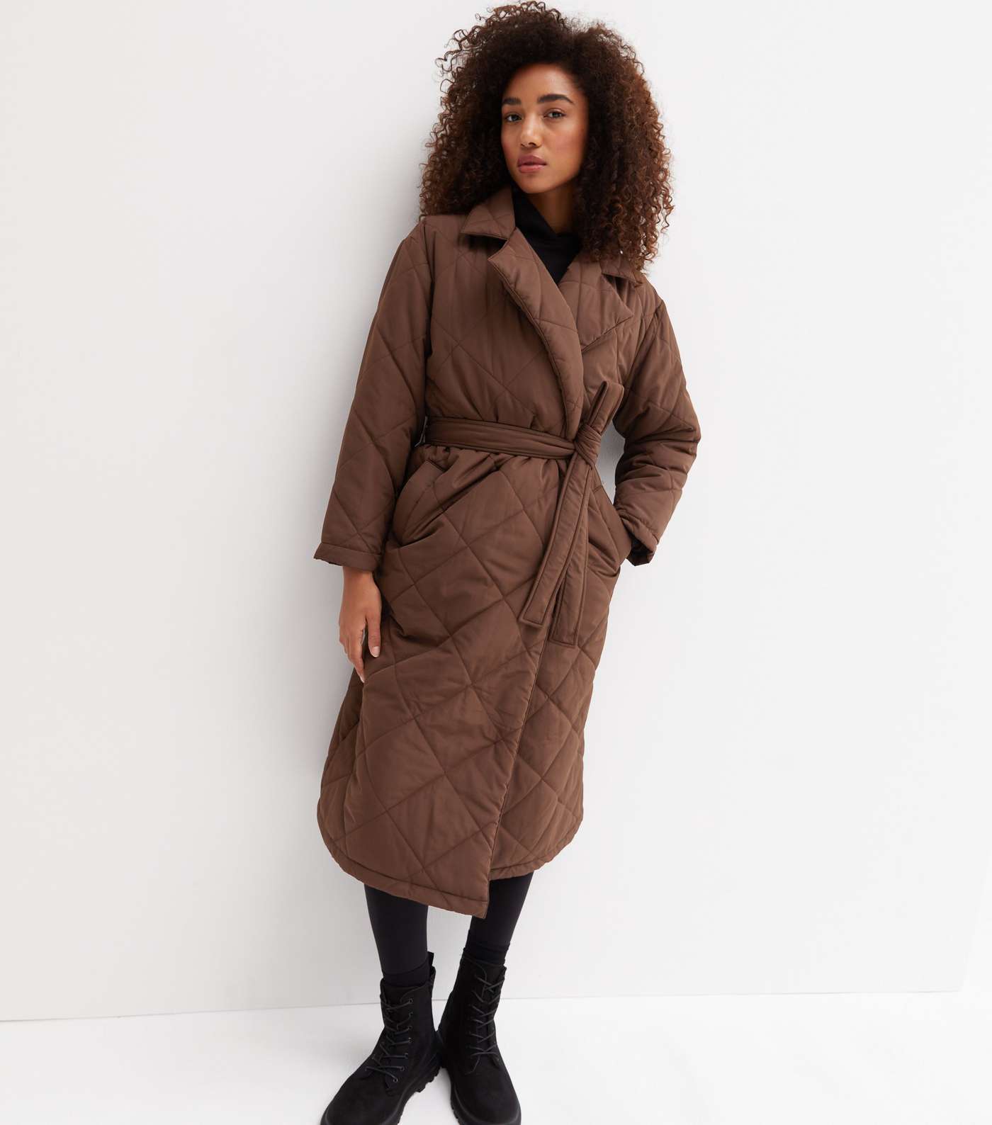 Brown Quilted Revere Collar Belted Long Puffer Jacket