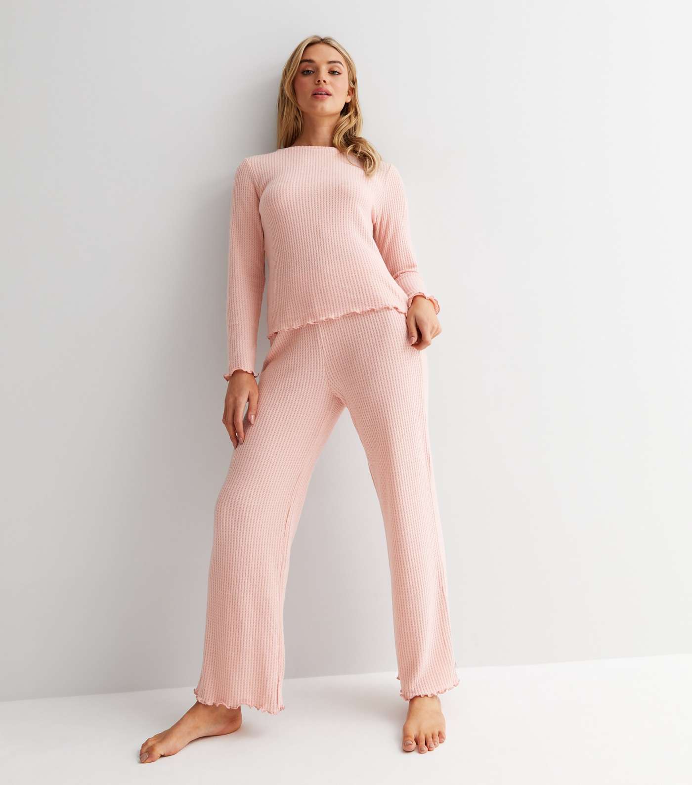 Mid Pink Brushed Waffle Knit Wide Leg Lounge Trousers