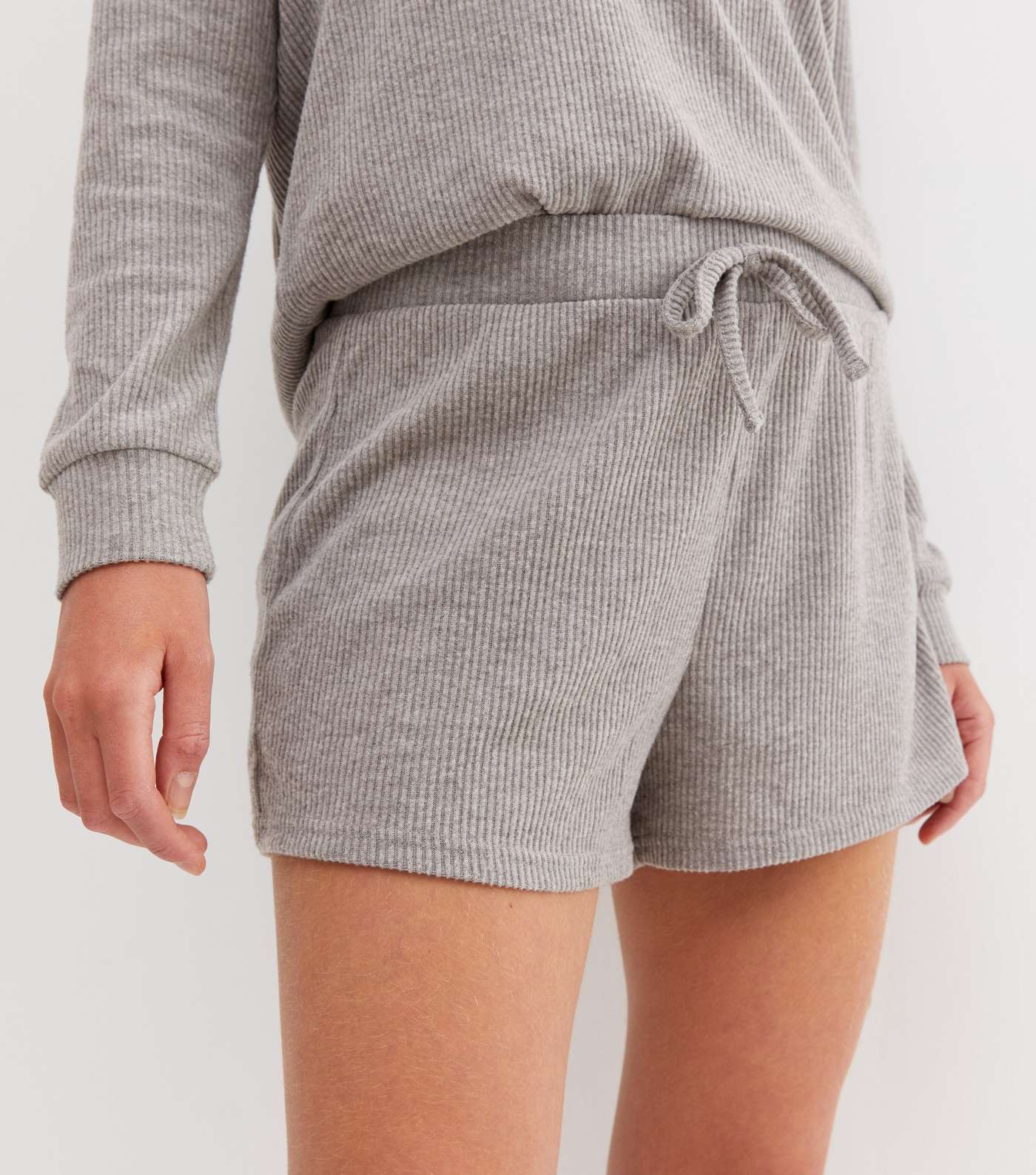 Grey Ribbed Knit Lounge Shorts Image 3