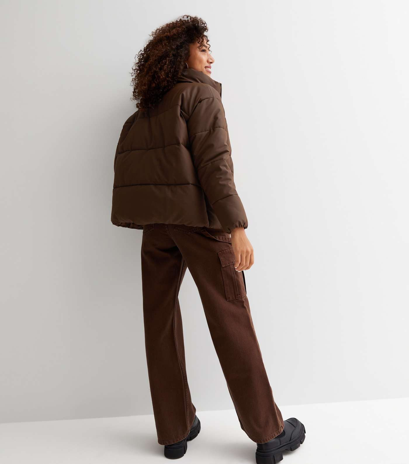 Dark Brown Leather-Look Boxy Puffer Jacket Image 4