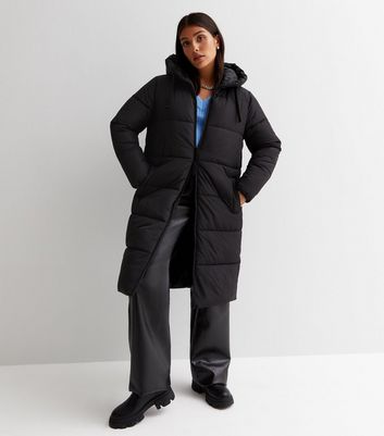 new look maxi hooded puffer coat in black