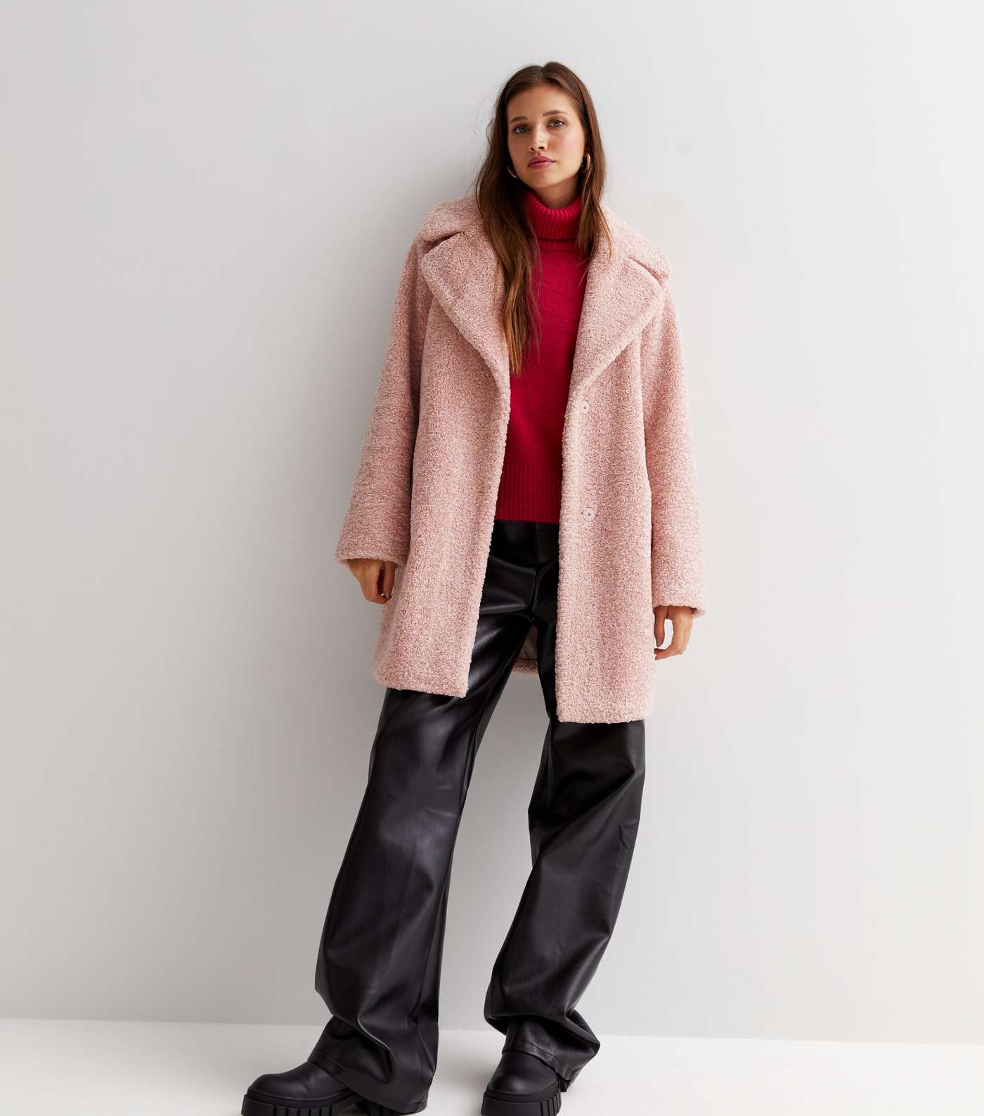 Pale Pink Faux Fur Teddy Long Coat Image 3