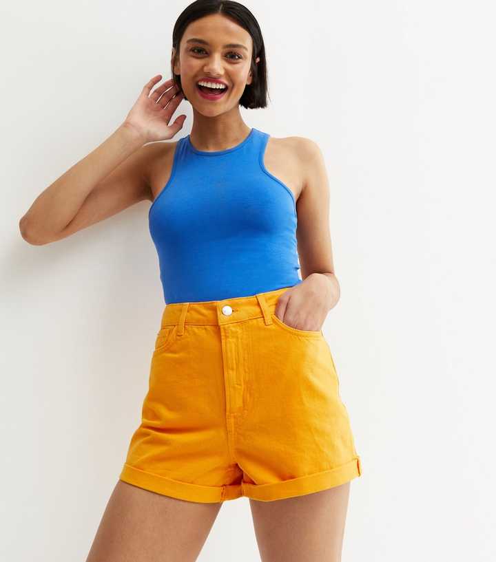 Bright Orange Denim Mom Shorts