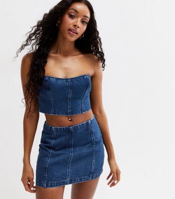 Blue Mid Wash Denim Seamed Bandeau 