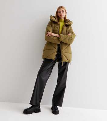 Khaki Triangle Quilted Mid Length Hooded Puffer Jacket