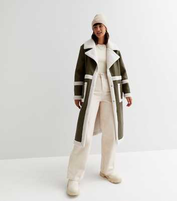 Khaki Leather-Look Borg Lined Long Coat