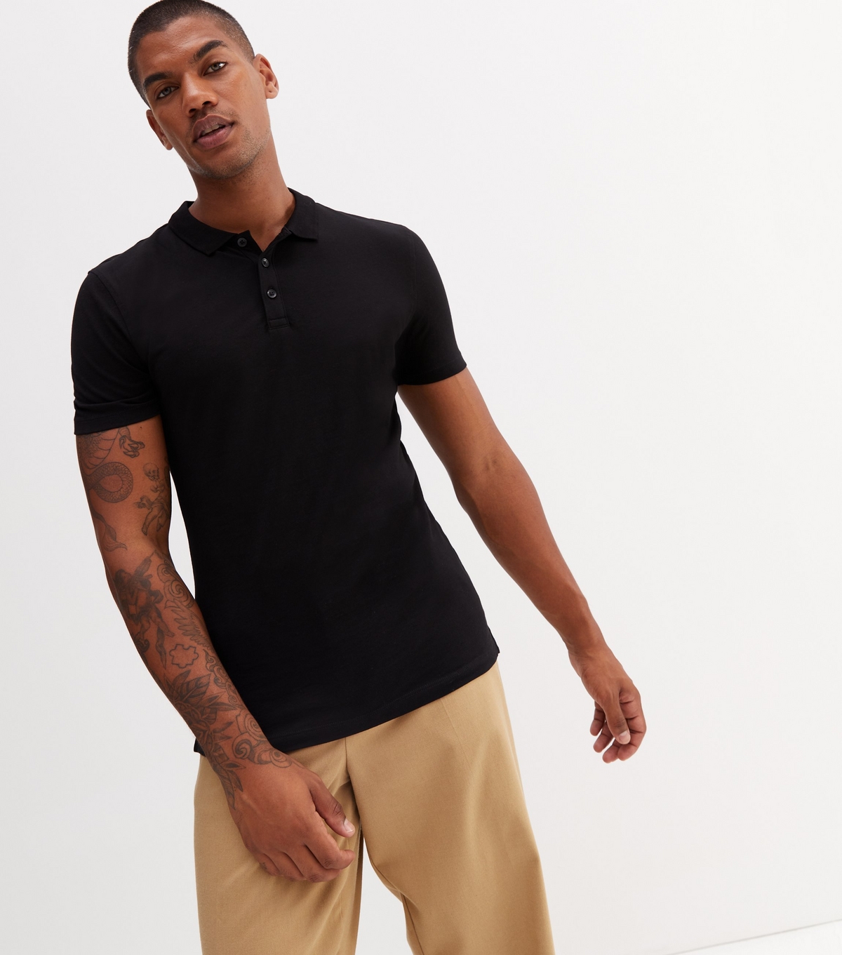 Men's Black Muscle Fit Short Sleeve Polo Shirt New Look