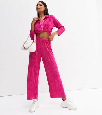 Bright Pink Plissé High Waist Trousers 