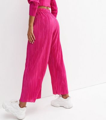 Click to view product details and reviews for Bright Pink Pliss&eacute; High Waist Trousers New Look.