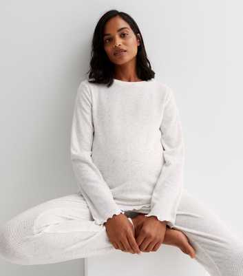 Maternity Cream Ribbed Frill Long Sleeve Crew Neck Lounge Top